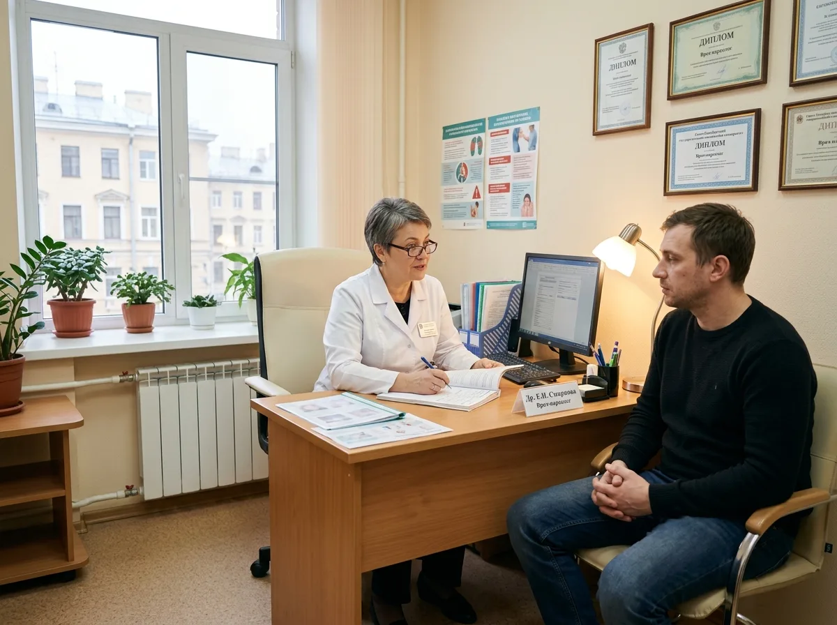 Наркологическая клиника Санкт-Петербурга — светлый медицинский кабинет, врач-нарколог в белом халате принимает пациента, профессиональная обстановка, тёплый свет
